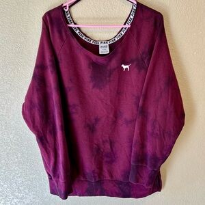 PINK Victoria's Secret Sz. M Burgundy Off the Shoulder Pullover Tie-Dye Dog Logo